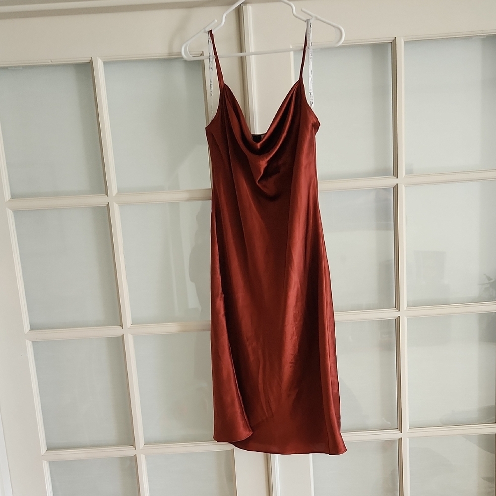 David's Bridal Brown Slip Midi Dress with Cowl Neck